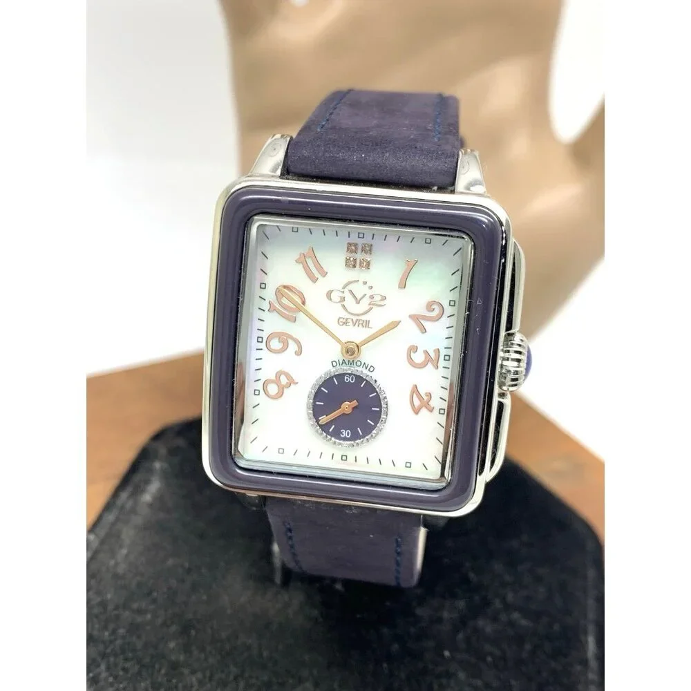 GV2 by Gevril Women's Watch 9260 Swiss Quartz Mother of Pearl Dial Blue Leather